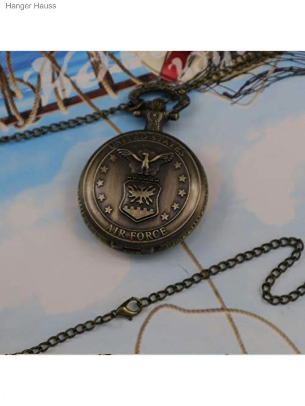 Vintage Retro Pocket Watch US Air Force Style Bronze Steampunk Chain